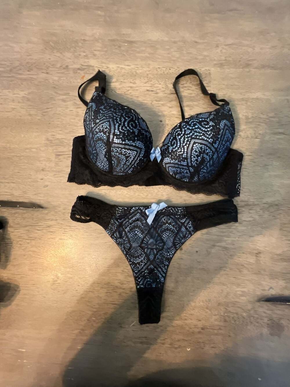 Black and Blue Lace Push-Up Bra and Thong Lingerie Set